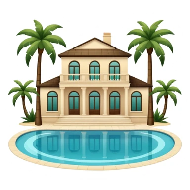 light beige luxury villa with dark green palm trees and swimming pool, front view, emoji style sticker