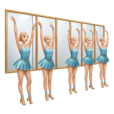 Icon for Choreography: a group of dancers in identical poses by a wall with mirrors, holding a long barre with one hand, and a teacher standing at the side. The icon should represent the discipline, synchronization, and guidance in dance training. Transparent background. sticker