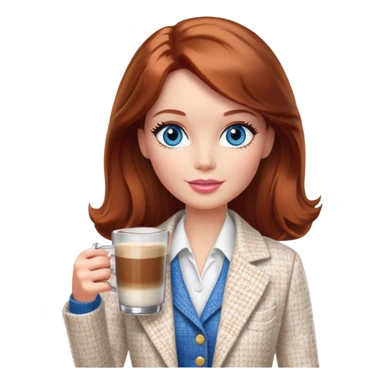 A Barbie girl with blue eyes, shoulder-length reddish-brown hair, made-up, wearing a white tweed jacket and a white skirt, with a glass of coffee in her hands sticker
