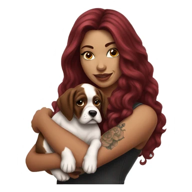 Beautiful tattooed  burgundy long haired woman holding a boxer puppy sticker