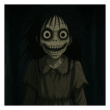 Make the creepy girl much scarier with more disturbing features and intensify the horror atmosphere in Ghibli style. sticker