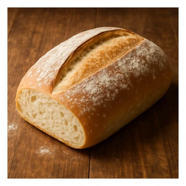 realistic Italian bakery style white bread, soft crust, fluffy interior, whole loaf with a dusting of flour sticker