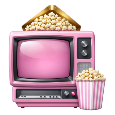 front view of transparent sparkly pink shiny CRT TV sitting on top of pink VCR, with pink/white rhinestone bucket of popcorn sitting next to it sticker