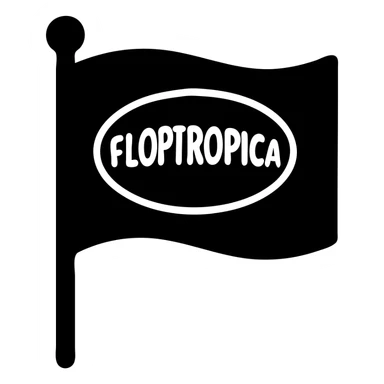 solid black icon of a flag on a stick with a playful 'Floptropica' emblem sticker