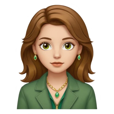 White girl with hazel Brown eyes Brown and slighly wavy medium hair. Make her with a green jacket and gold jewlery.  sticker