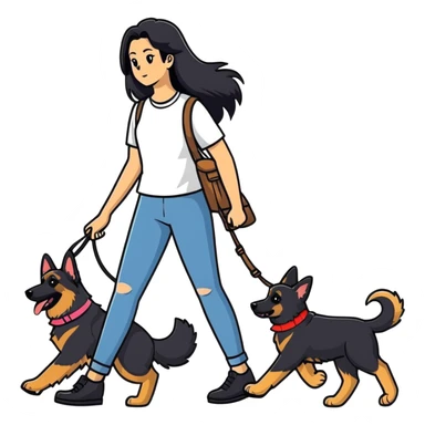 girl with long black hair walking a German Shepherd sticker