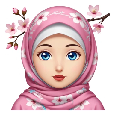 Turkish beautiful finish Konya girl blue eyes with cherry blossom floral hijab islamic dress and with yummy Drooling face sticker