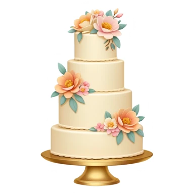 Romantic pastel wedding cake with warm-colored flowers on a gold plate sticker