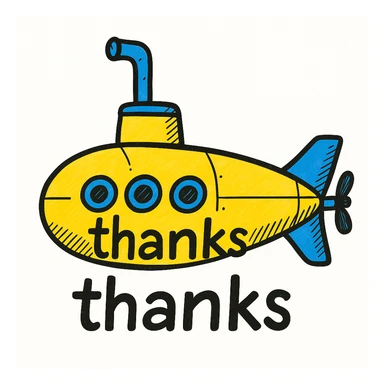 Add bright yellow and blue color to the classic submarine, keep the 'thanks' text, in a doodle style similar to hand drawn notion style doodles. sticker