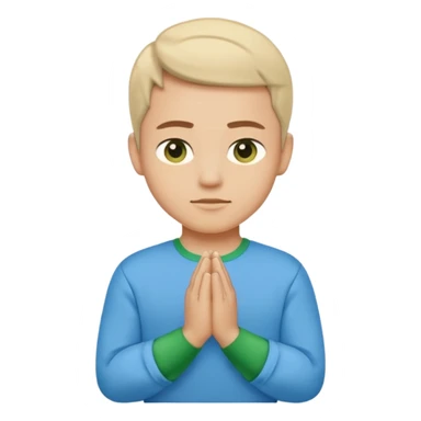 Create an iOS-style emoji of the folded hands "🙏🏻". The shirt should be split in half, with the left side blue and the right side green. Keep the skin tone light, same as the original emoji, and the background plain white. Clean, minimal, and consistent with iOS emoji design. sticker