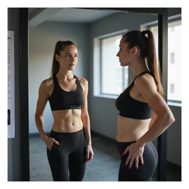 woman in gym, sportswear, looking at her abdomen reflected in mirror, next to her a scale and a medical chart with Italian text: 'PCOS: il grasso addominale è un segnale d’allarme', modern style, 4K quality sticker