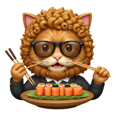 HAPPY CAT WITH CURLY HAIR AND A BIG BEARD wearing sunglasses and eating sushi sticker