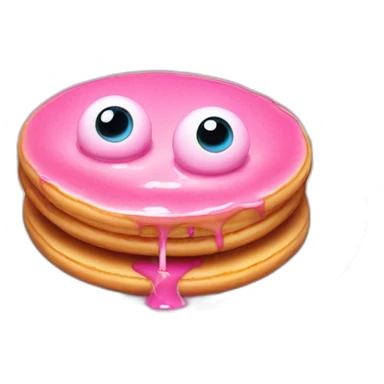 Pink small pancake with candle, and two eyes in the glaze, two teeth crawling out from under the glaze sticker