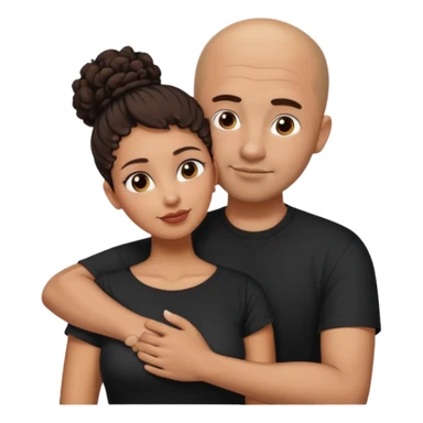 A picture of a tanned couple embracing. the man is a Mexican man with tanned skin, a bald hair cut, short beard and wearing a black shirt. the woman is mixed, with curly dark brown hair in a big messy bun and with big boobs  sticker