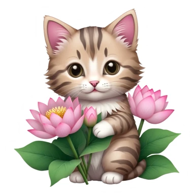 Kitten holding a bouquet of lotus flowers sticker