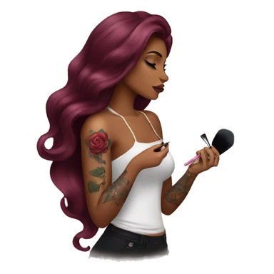 Beautiful tattooed burgundy long haired woman doing her makeup sticker