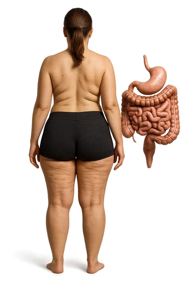 una donna di spalle a figura intera in gym shorts con cellulite e intestino umano anatomico, iperrealistica 4k
 sticker