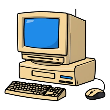 Early 2000s desktop computer, beige plastic casing, CRT monitor with blue screen, tower CPU with CD drive, separate wired keyboard and mouse, simple tech setup sticker