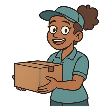 flat toon style mujer de piel morena entregando un paquete sticker