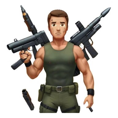 Icon for Action Movies: Close-up collage featuring Schwarzenegger in 'Commando' and  Stallone in 'Rambo', in bold poses. Background includes explosions, rockets flying, and machine guns. The style is reminiscent of a cinematic movie poster with intense, dramatic colors. Transparent background. sticker