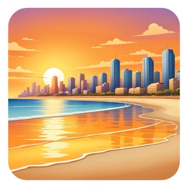 Sunset on a beach with a city sticker