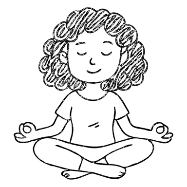 brunette girl with curly hair meditating, sitting cross-legged, hand drawn outlined icon sticker