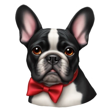 an all-black French bulldog with a red bow tie sticker