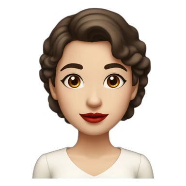 A girl with curved brown eyebrows, dark brown hair, bushy eyelashes, a high nose bridge, red lips, a white skirt with a swing neck, a fair complexion, and a smile sticker