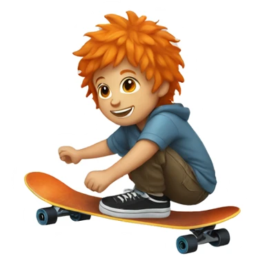 a small boy with orange hair riding a skateboard with a peace sign  sticker