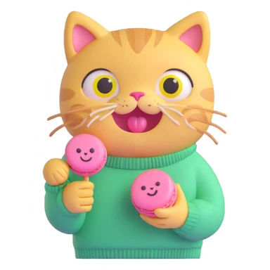 cute cat with big eyes, wearing a green sweater with yellow smiley faces, holding a pink macaron, soft and shiny, inspired by Apple emoji aesthetics, 3D iOS style emoji, variation 4 sticker