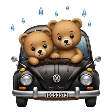 Two teddy bears sleeping in black Volkswagen in the rain sticker