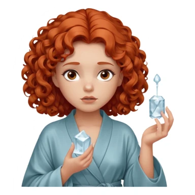 Cartoon emoji of a girl with voluminous curly red hair, fair skin, warm brown eyes. Wearing a chic milky silk robe with long sleeves, no makeup. Portrait mode, holding a ice cube, looking doubtful and unsure. Smooth, simple, stylized." sticker