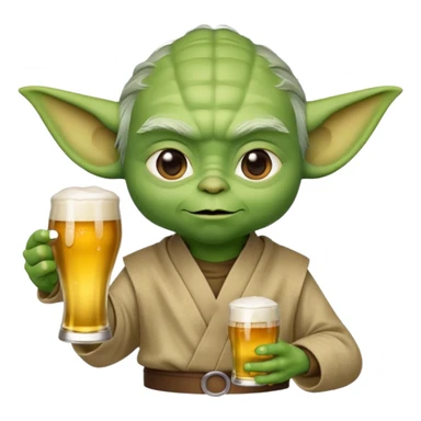 3D emoji-style Yoda head holding a beer glass in one hand. Smooth rounded shapes, soft gradients, friendly expression. Golden beer with foam in transparent glass. Close-up, centered. PNG, transparent background. sticker
