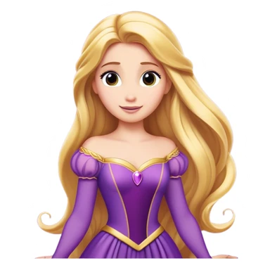 Cinematic Majestic Rapunzel Portrait Emoji, rendered in a clean, vector-style with bold, simplified shapes. Show Rapunzel with a serene, graceful expression, luminous fair skin, and elegantly styled long golden hair, accented by her classic purple gown. The design radiates a majestic, dreamlike glow with high shine and a soft glowing outline, embodying regal beauty. sticker