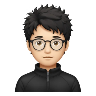 Make an Asian male with black fluffy messy hair wearing a black quarter zip and glasses sticker