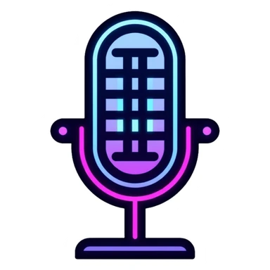 desktop studio microphone in profile view with neon glow effect, blue and purple neon glow on top left, pink neon glow on bottom right sticker