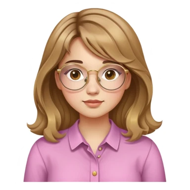 young adult woman with light skin, round face, prominent cheeks, medium plump body, long light brown hair with golden highlights, voluminous and wavy, long bangs over eyebrows, large octagonal glasses with thin golden or light pink frame, casual dark shirt sticker