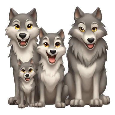 a anthropomorphic wolf with two wolf pups and a second adult wolf who is the mother. all smiling at the camera . sticker