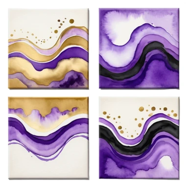 Black, white, gold, purple, abstract Watercolor paintings on three canvases next to each other  sticker