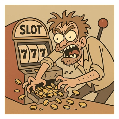 crazed man frantically scraping a casino slot machine, losing all his money, wild expression, coins spilling out, cartoon style sticker