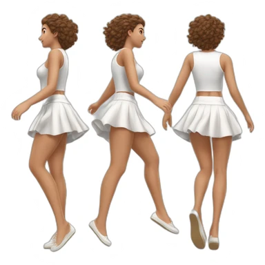 Hyperrealistic Full body Caucasian curvy beauty jumping short white skirt back and front views strong wind sticker