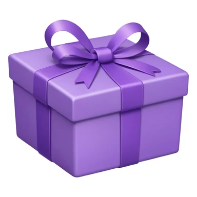 A cute emoji-style illustration of a purple gift box with a ribbon, pastel purple tones, rounded shape, kawaii style, simple clean lines, soft shading, minimal details, centered composition, transparent background sticker