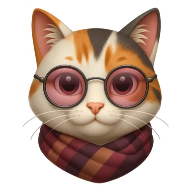 Apple Emoji-style cat head with a fur pattern that can vary in color, optional tinted glasses, a scarf with varying stylistic accessories (color and design can differ), and large eyes that can vary in color. Maintain the same proportions and smooth, rounded style. The emoji should only feature the cat's head with no additional body parts, and focus on cats with any accessories. sticker