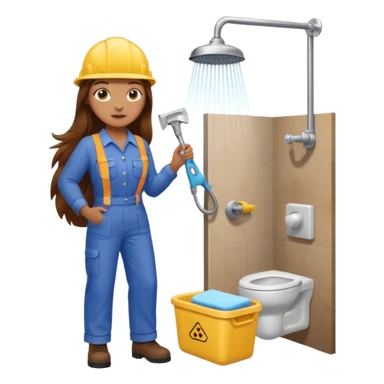 beautiful girl with long brown hair constructing new bathroom area with new shower and amenities  sticker