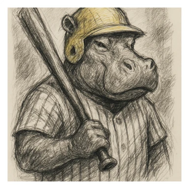 hippo holding a baseball bat, wearing a yellow helmet, pinstripes outfit sticker