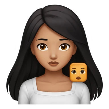 A deep skin girl (deep skin is caramel color not dark) with long black hair swept TO THE FRONT and a square neckline shirt and brown eyes sticker