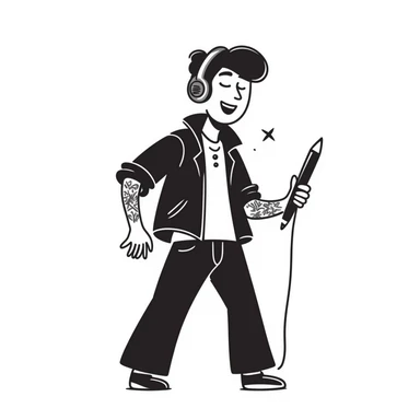 rock star with neat trimmed beard, tattooed arms, headphones resting on shoulders, happy expression, holding mic in one hand and pencil in other sticker