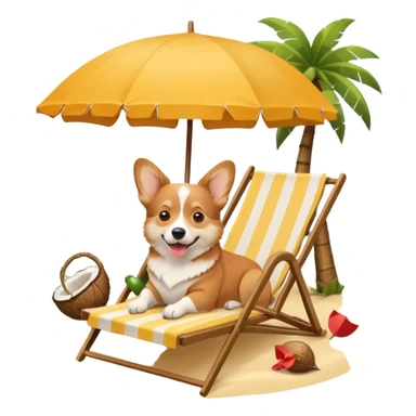 a corgi dog laied on a beach chair, a sunny beach, a sun umbrella, and beach coconut trees. the icon should capture the essence of a relaxing beach vacation with a carefree atmosphere sticker