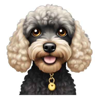 Black cavapoo that is mostly poodle with beige eyebrows, mouth, legs and chest sticker