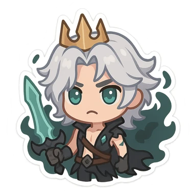 Viego from League of Legends as a chibi emoji, cute and expressive, simplified details, big eyes, small body, silver hair, crown, dark misty aura sticker